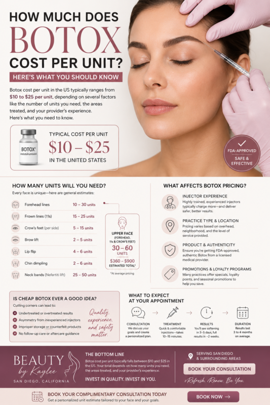 Infographic answering how much does Botox cost per unit, showing $10 to $25 per unit in the US, with a woman receiving a Botox injection at Beauty By Kaylee med spa in San Diego